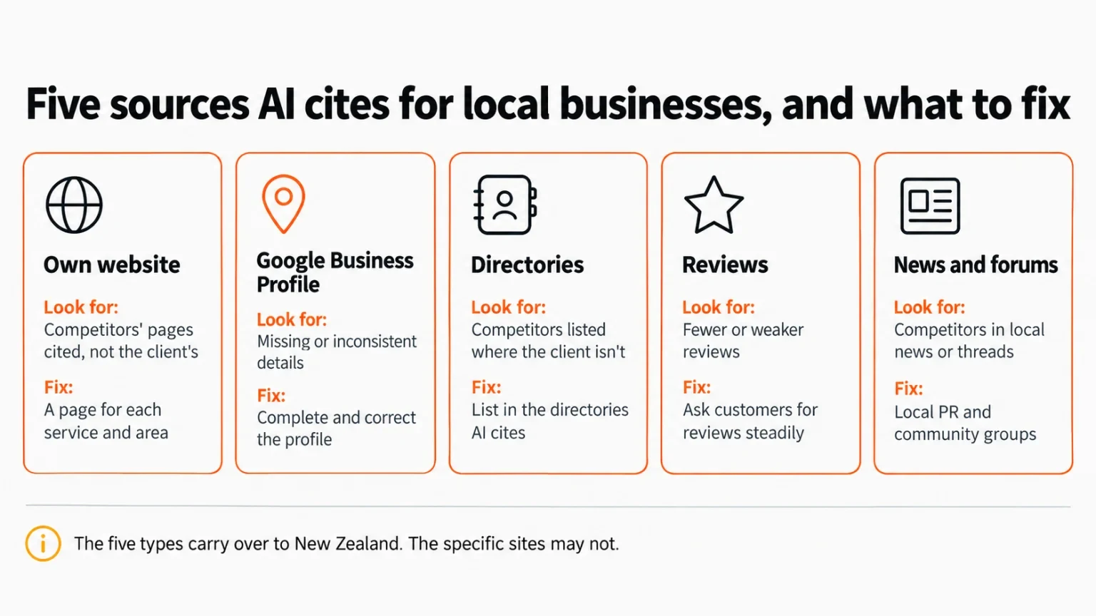 The five source types AI cites for local businesses, each paired with the gap to look for and the recommended fix.