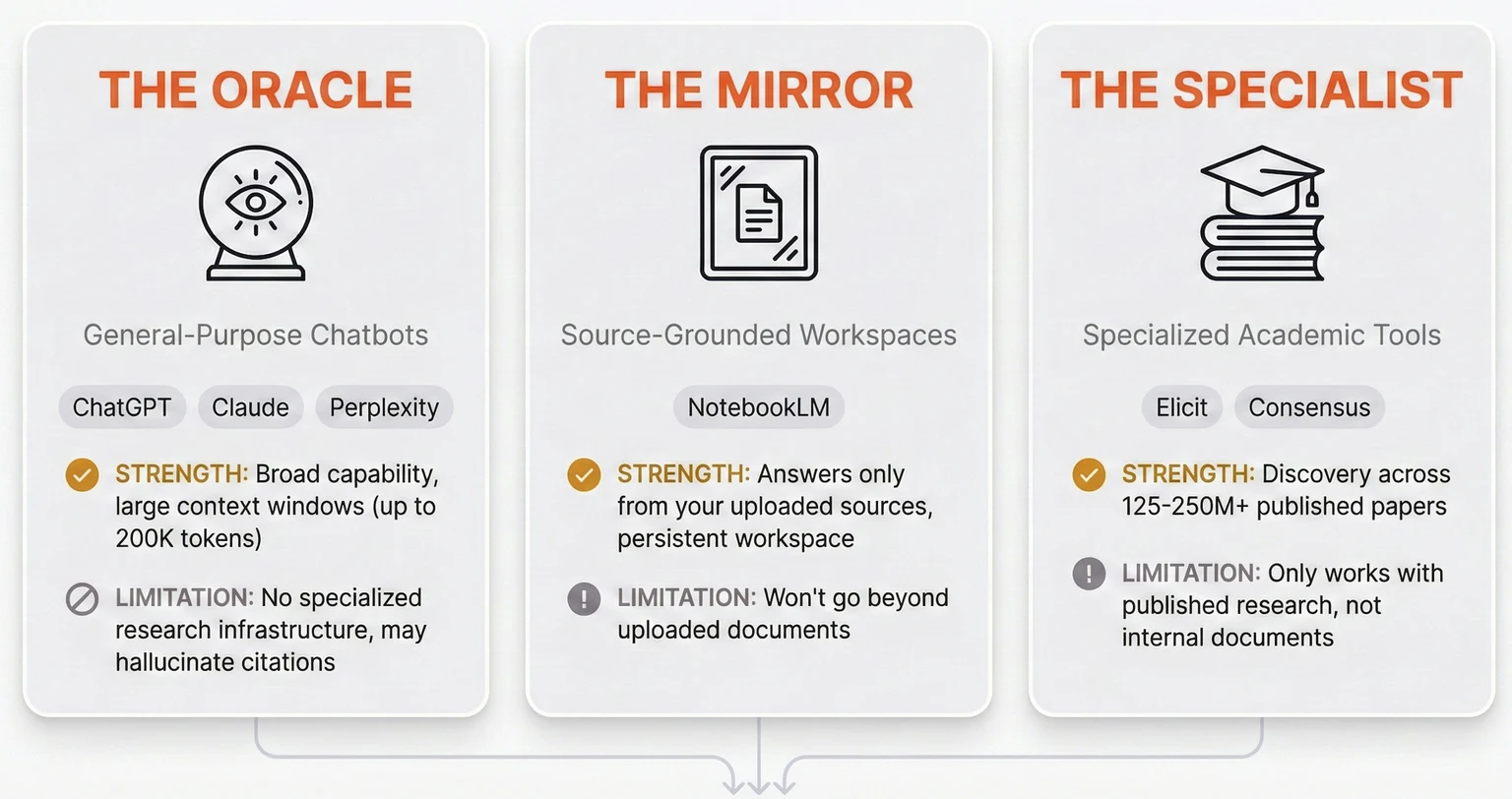 Three categories of AI research tools and their trade-offs