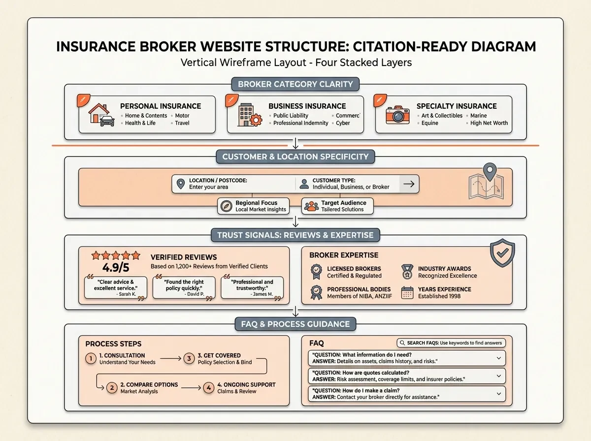 Four-layer structure for a citation-ready insurance broker website