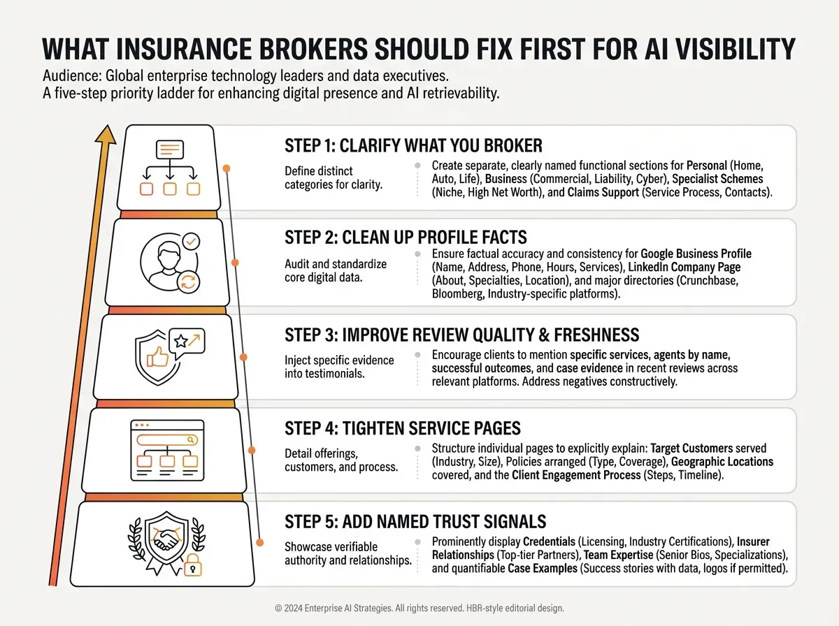 Five-step priority ladder for insurance-broker AI visibility