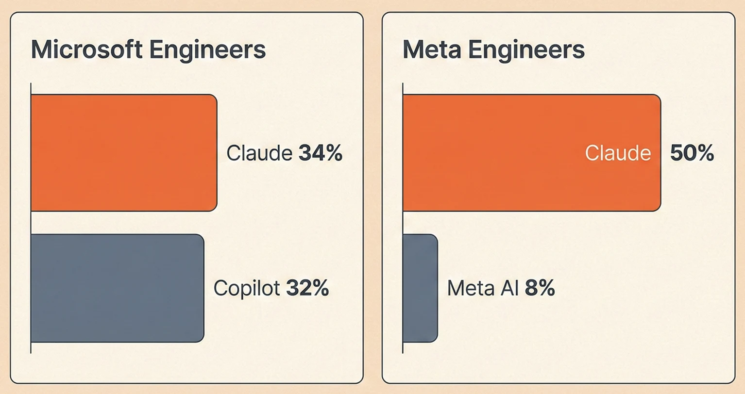 AI coding-tool preferences reported by Microsoft and Meta engineers