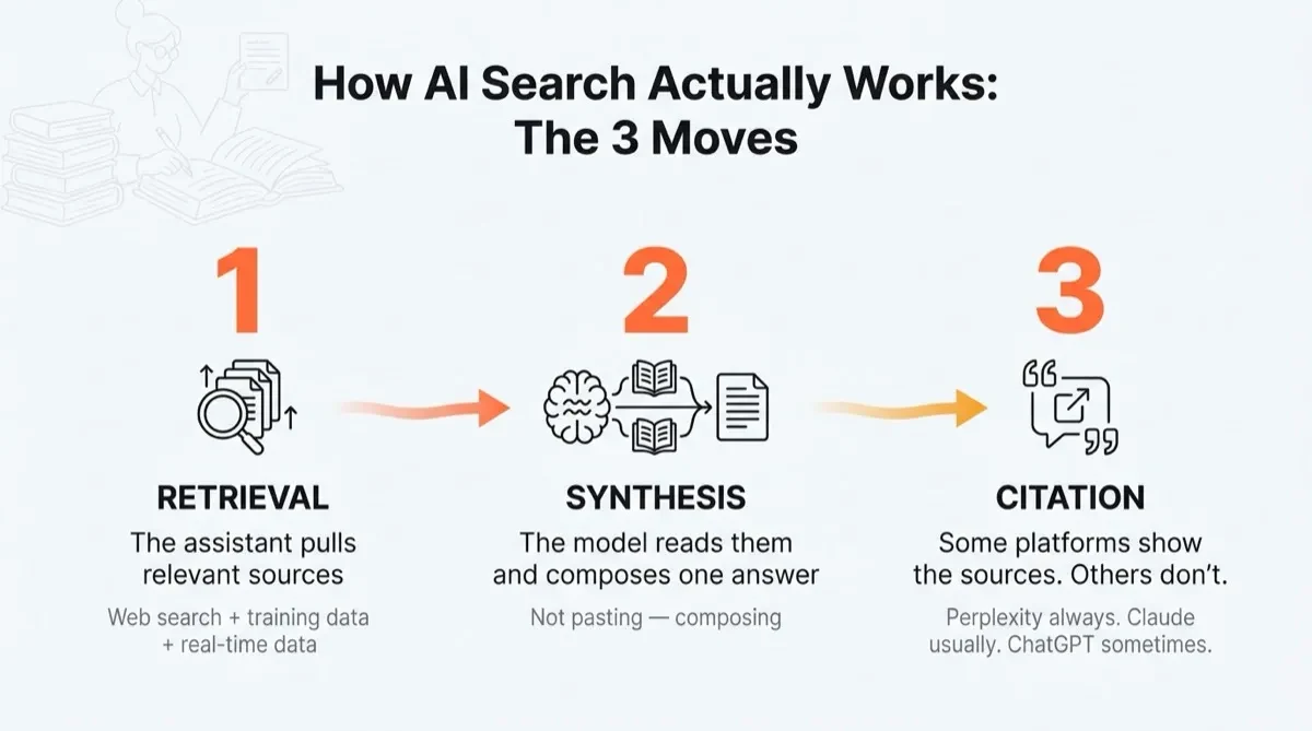 Three-stage process showing retrieval, synthesis, and citation in AI search