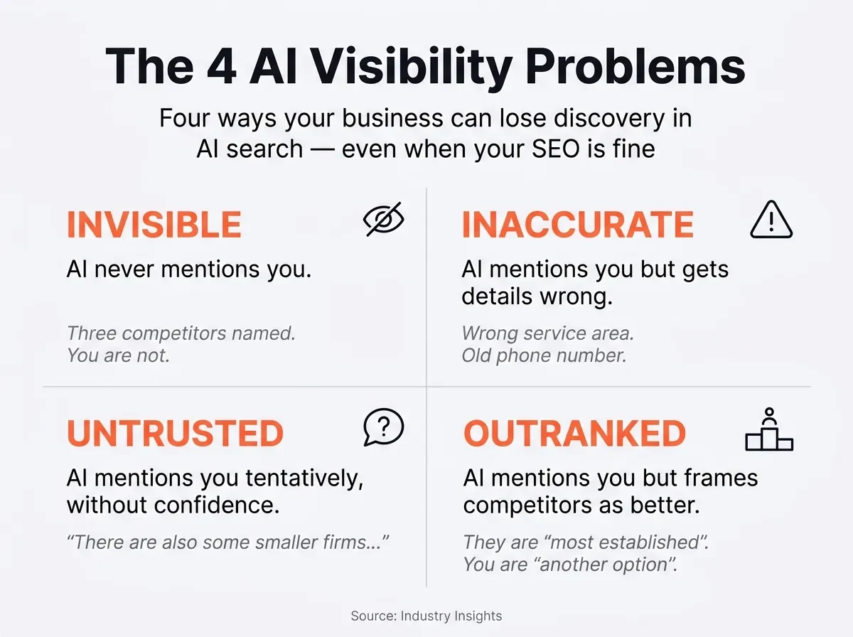 Four AI visibility problems: invisible, inaccurate, untrusted, and outranked