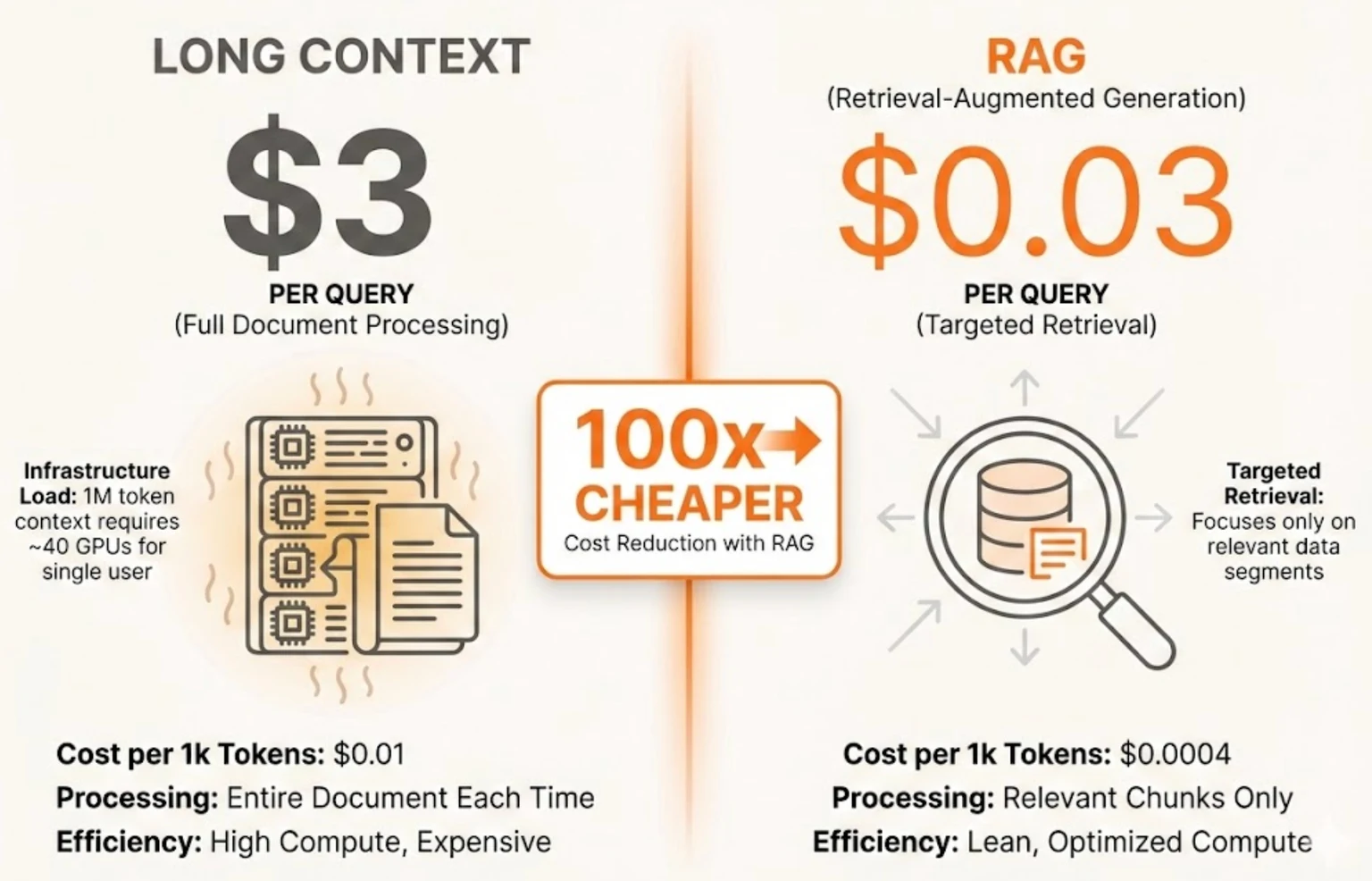 Illustrative per-query cost comparison between long context and RAG