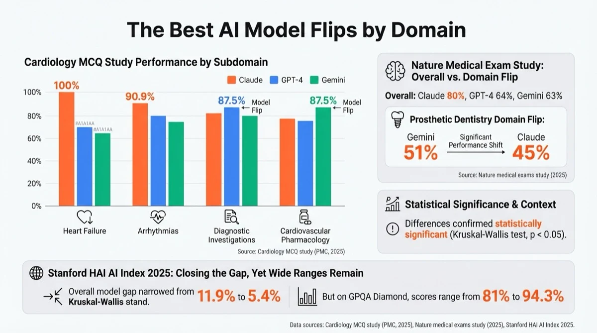 Performance chart showing that the strongest AI model changes across medical subdomains