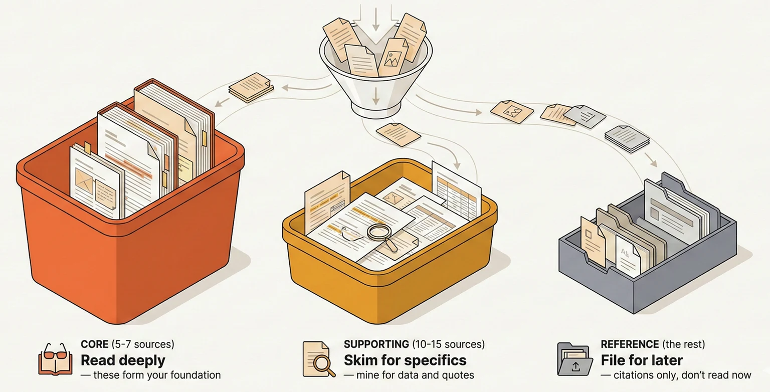 Three-tier research triage system for core, supporting, and reference sources