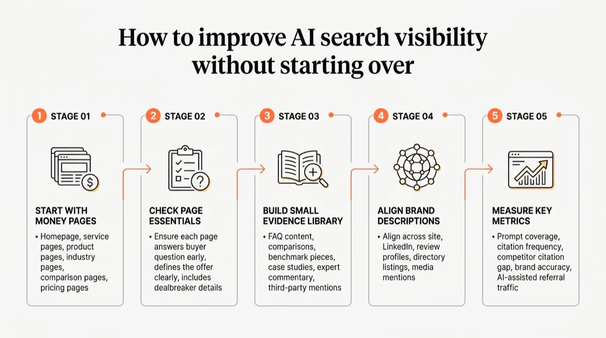 Five-stage workflow for improving AI search visibility without rebuilding a website