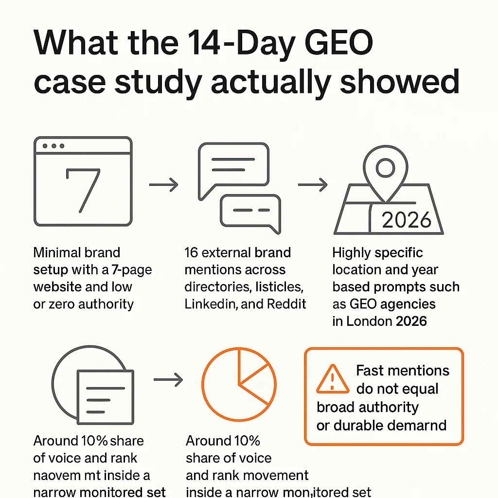Key findings and limitations from a 14-day GEO case study