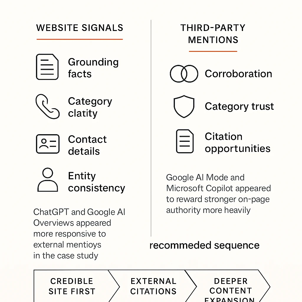 Roles of website signals and third-party mentions in early AI visibility