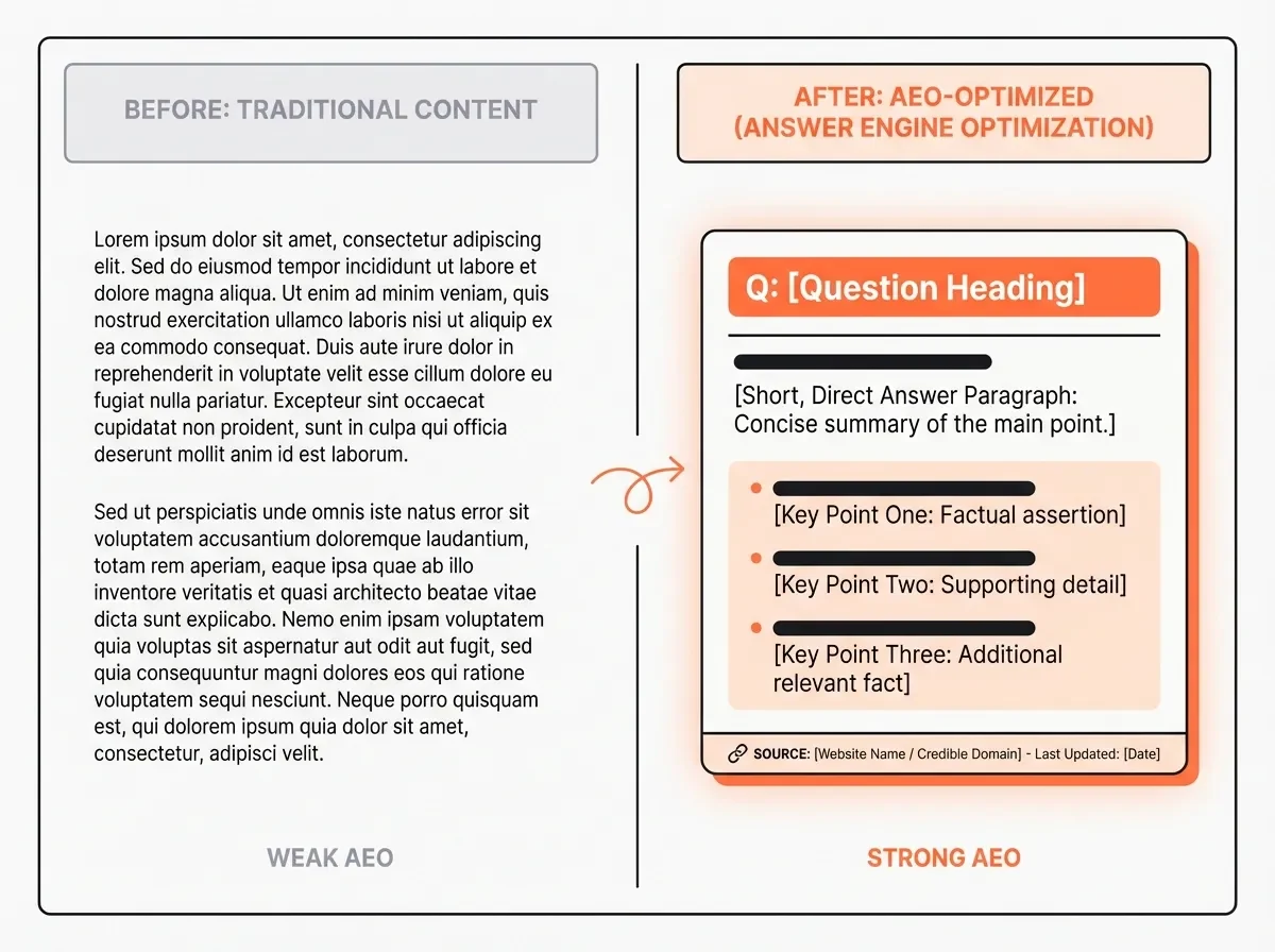 Traditional long-form copy transformed into a structured answer-engine-optimised response