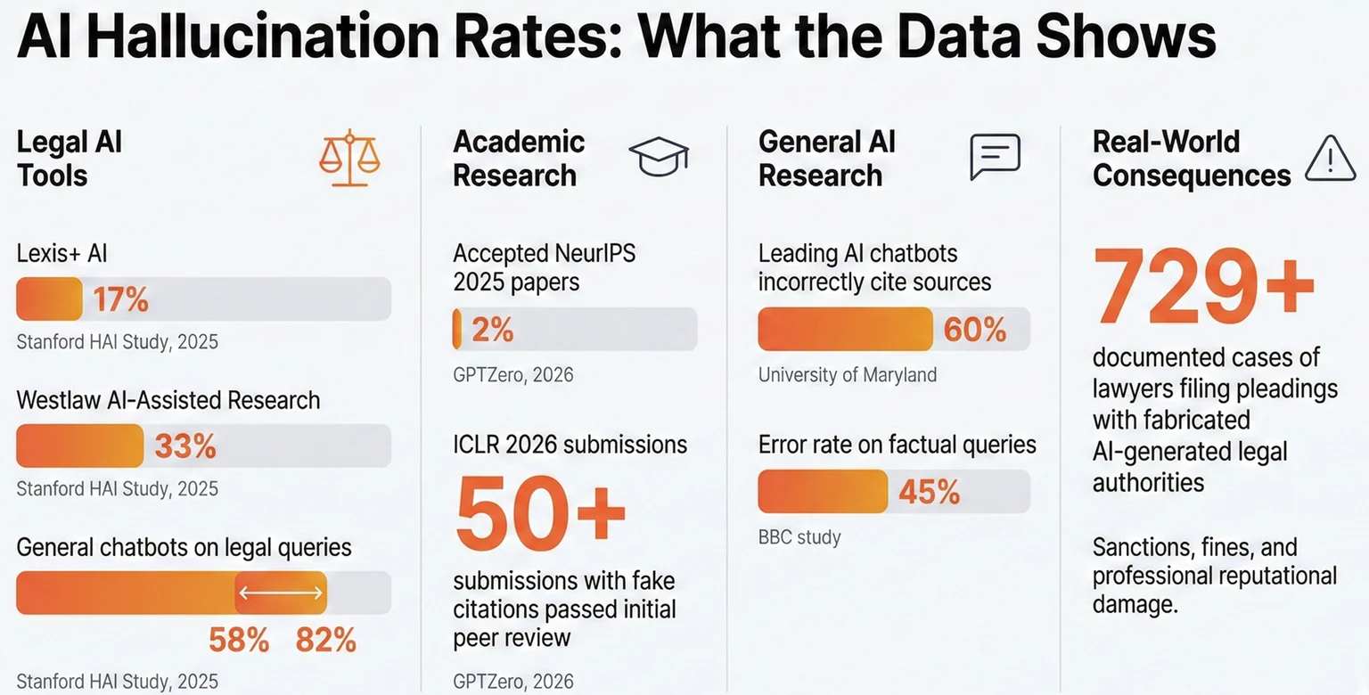 Reported AI hallucination rates across legal, academic, and general research