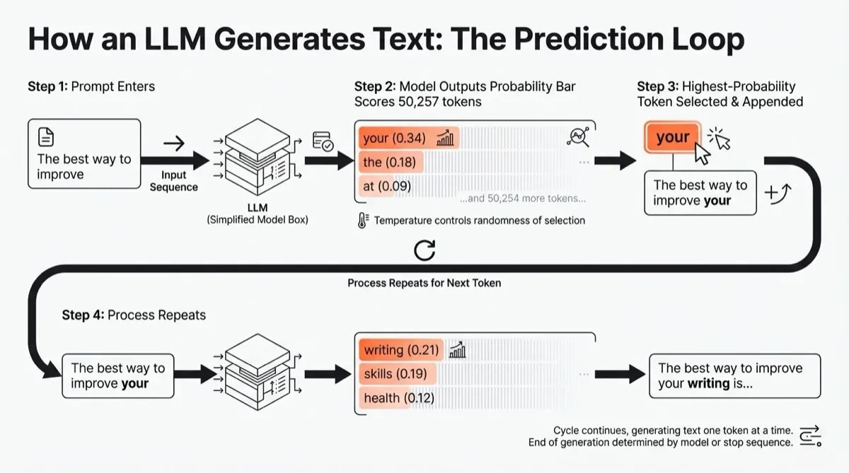 Diagram of next-token prediction, with each selected token added to the input for the next prediction.